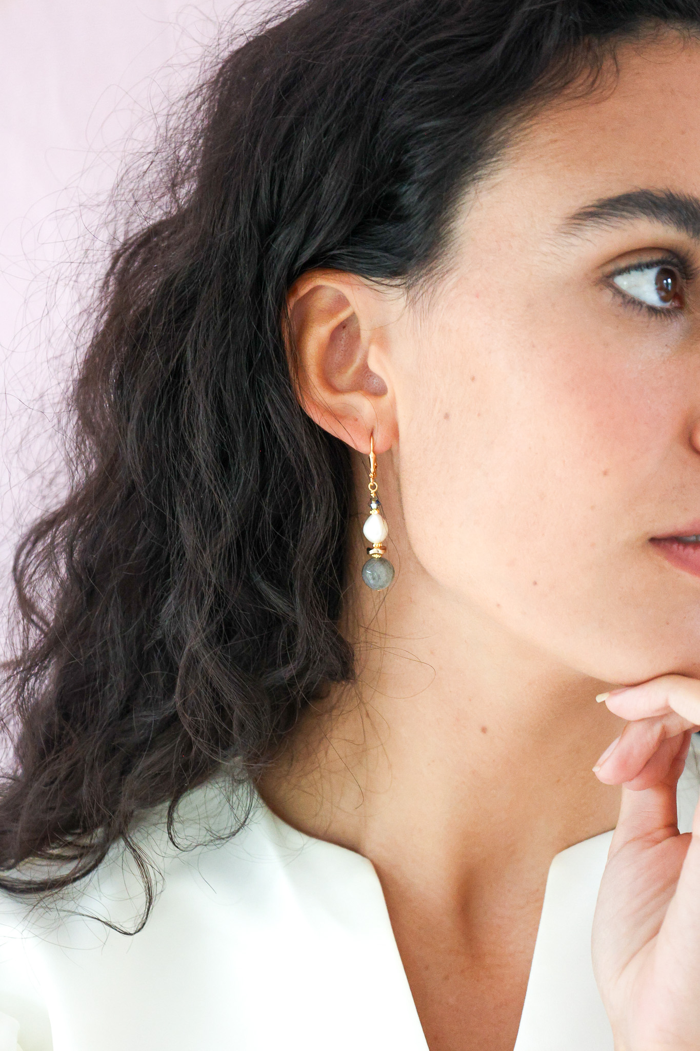 K Kajoux Earrings- semi- precious stones, labradorite & freshwater pearl