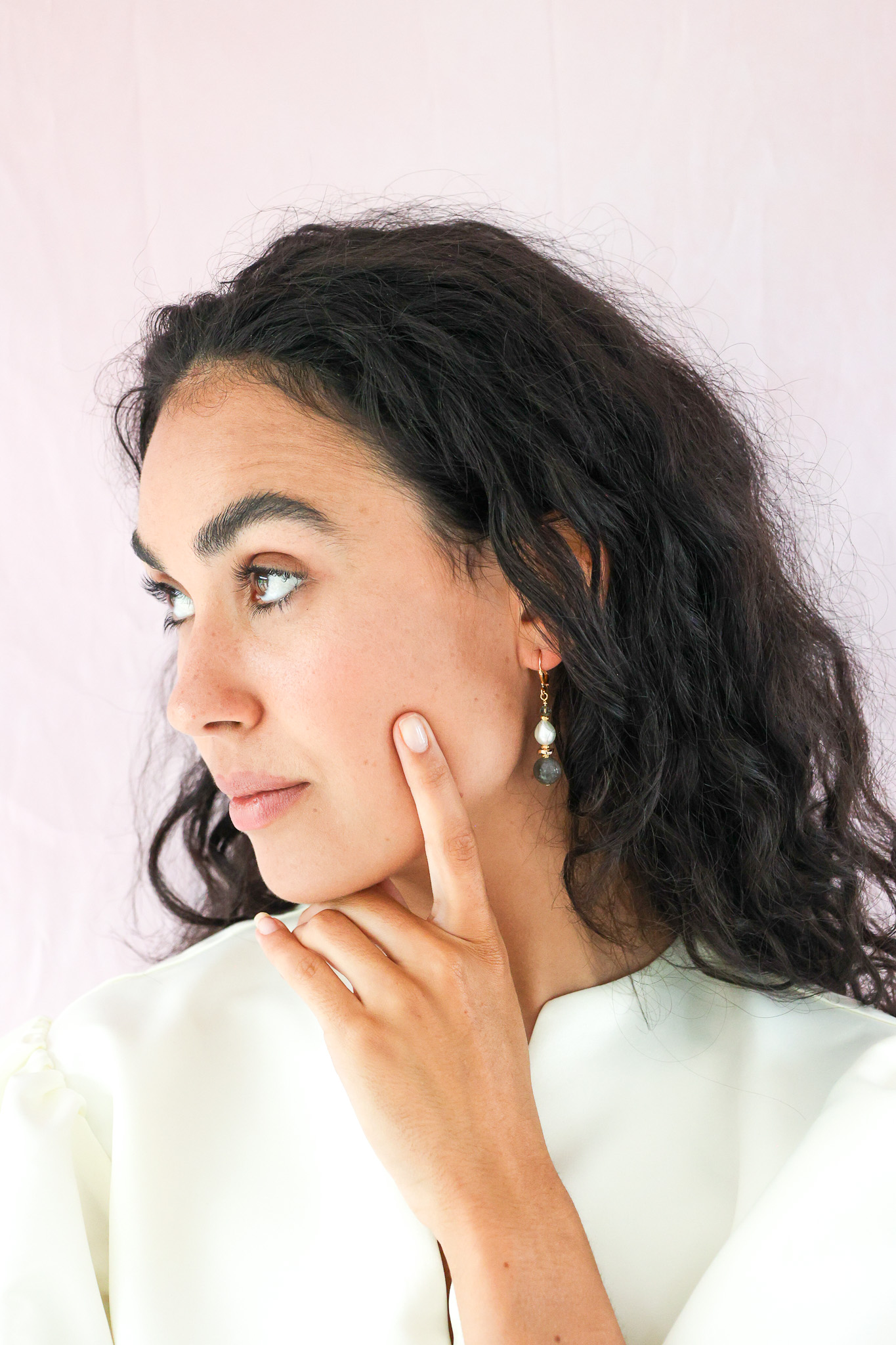 K Kajoux Earrings- semi- precious stones, labradorite & freshwater pearl