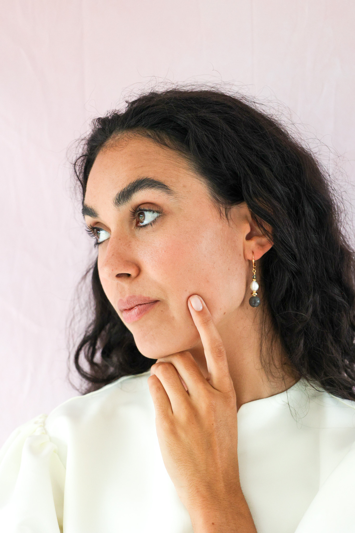 K Kajoux Earrings- semi- precious stones, labradorite & freshwater pearl