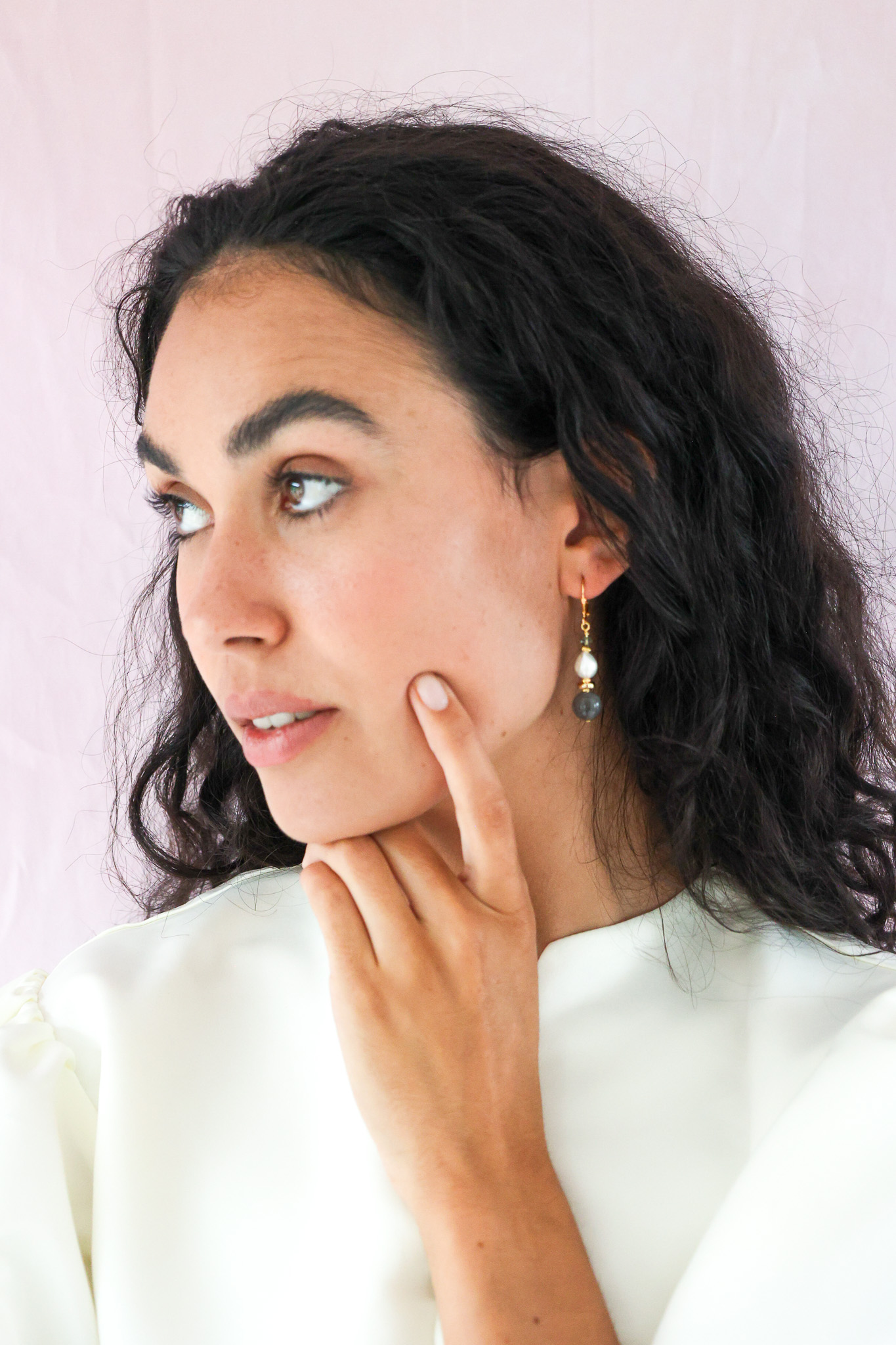 K Kajoux Earrings- semi- precious stones, labradorite & freshwater pearl