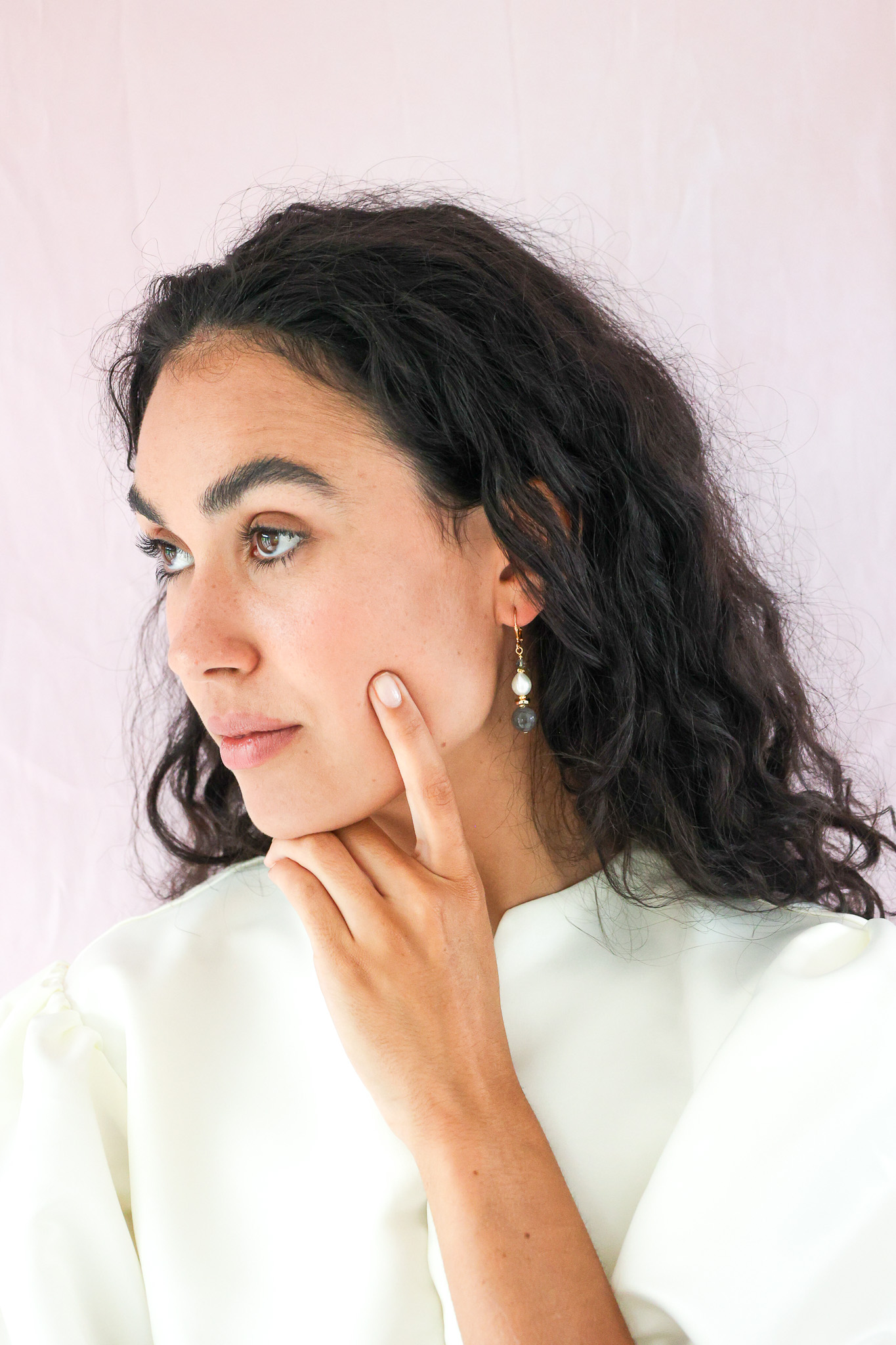 K Kajoux Earrings- semi- precious stones, labradorite & freshwater pearl