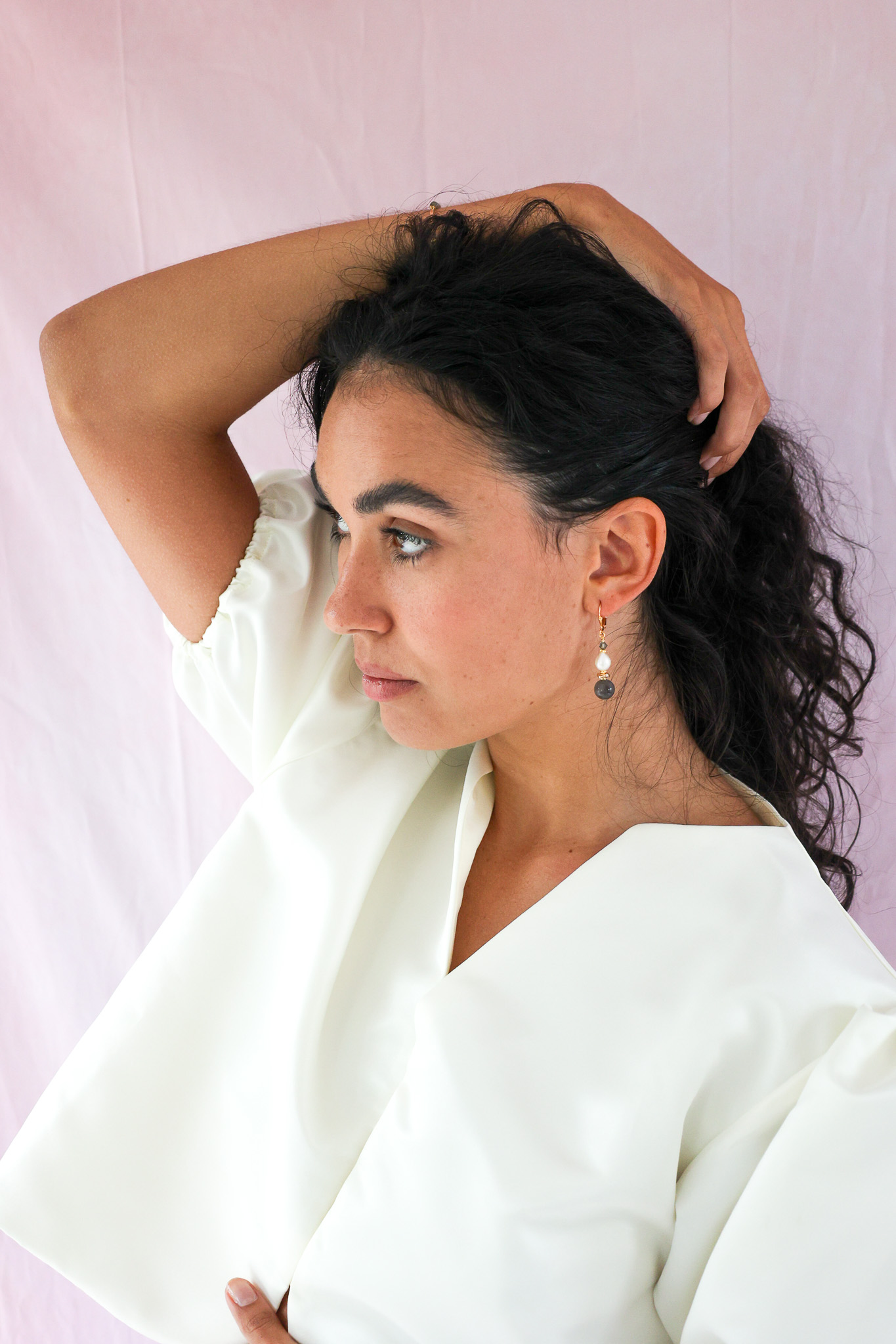 K Kajoux Earrings- semi- precious stones, labradorite & freshwater pearl