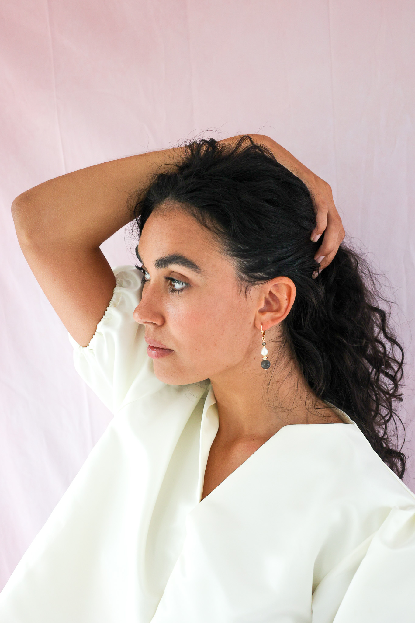 K Kajoux Earrings- semi- precious stones, labradorite & freshwater pearl