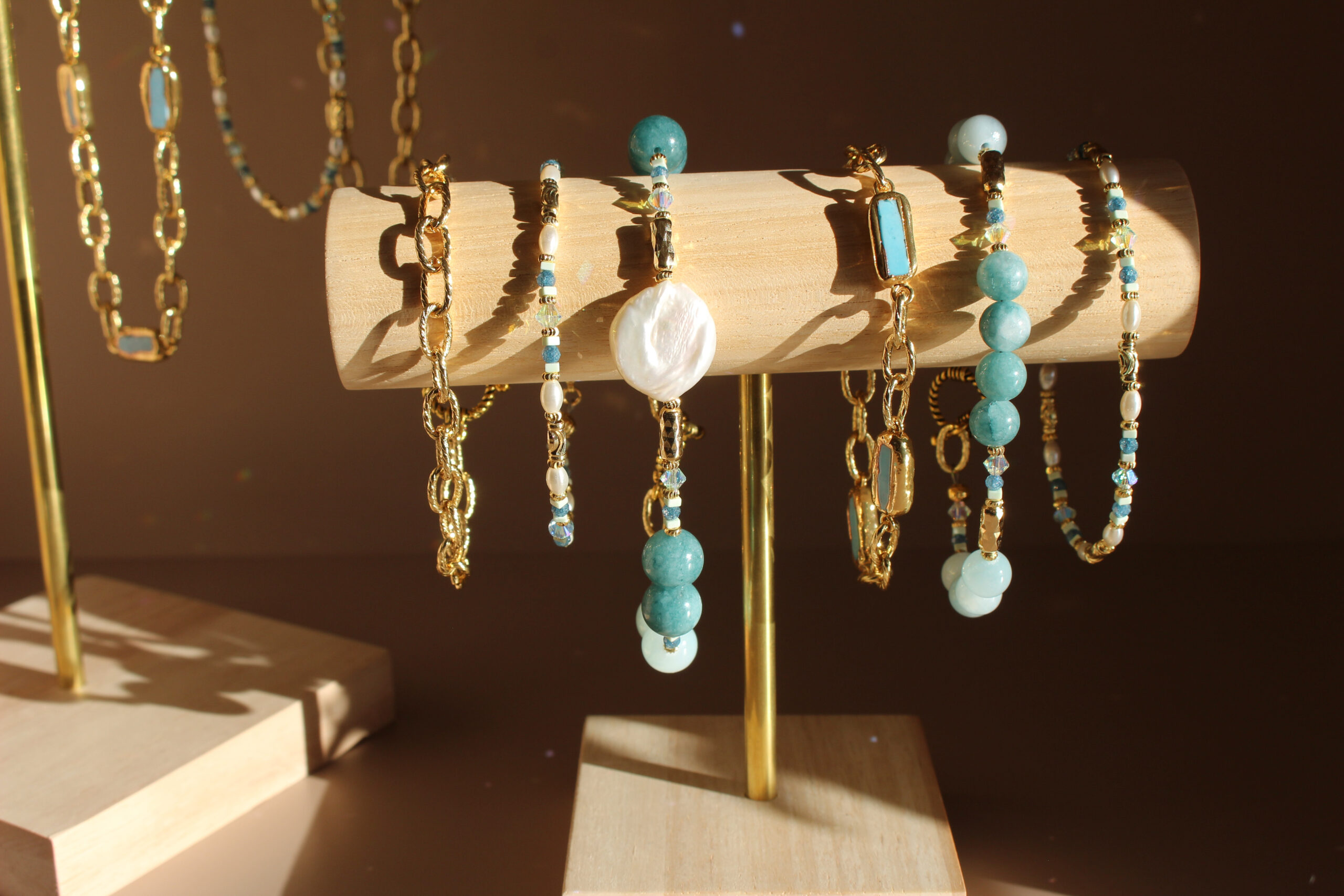 Atlantic Drift bracelet handcrafted in Ireland with pearls and blue stones