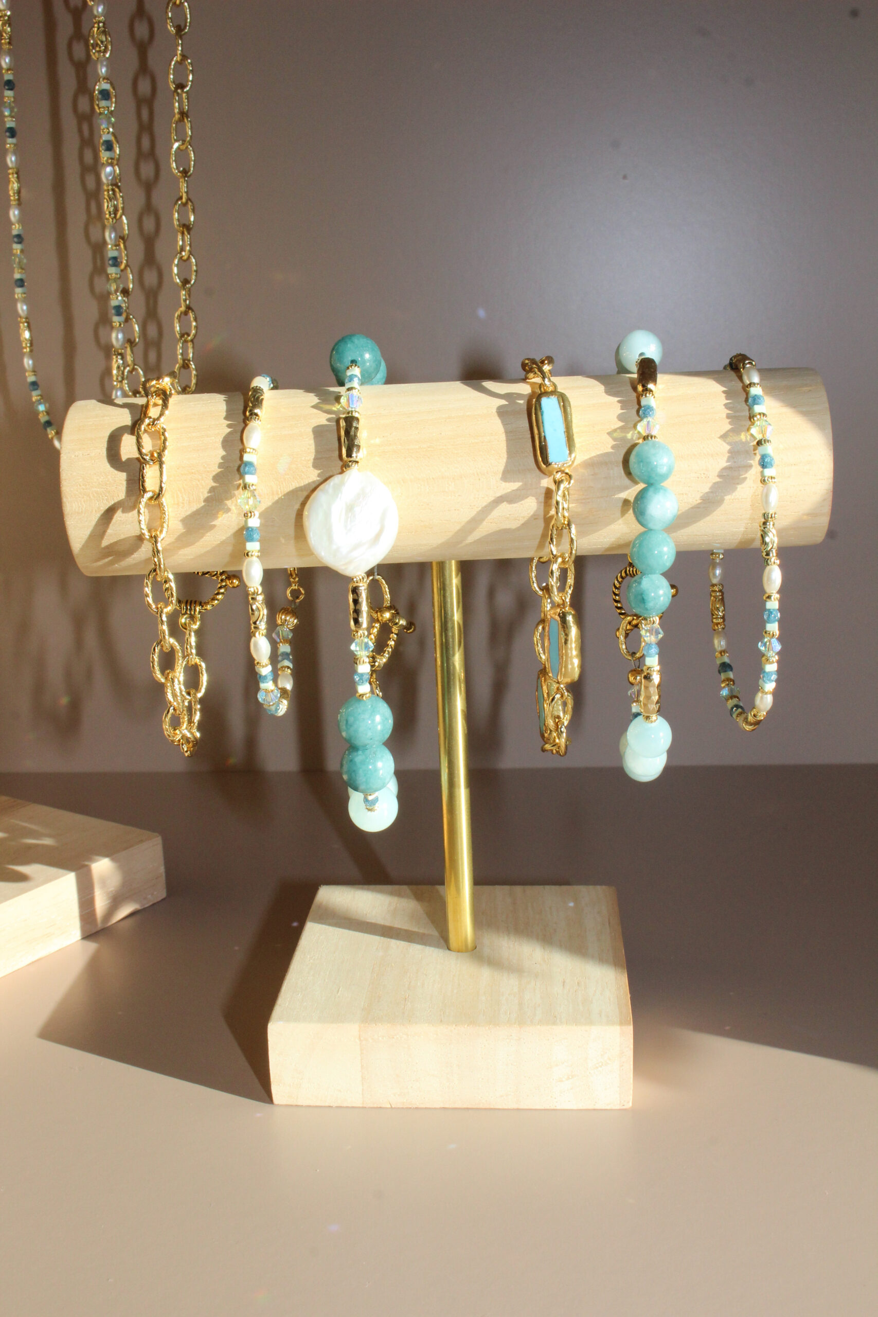 Atlantic Drift bracelet handcrafted in Ireland with pearls and blue stones