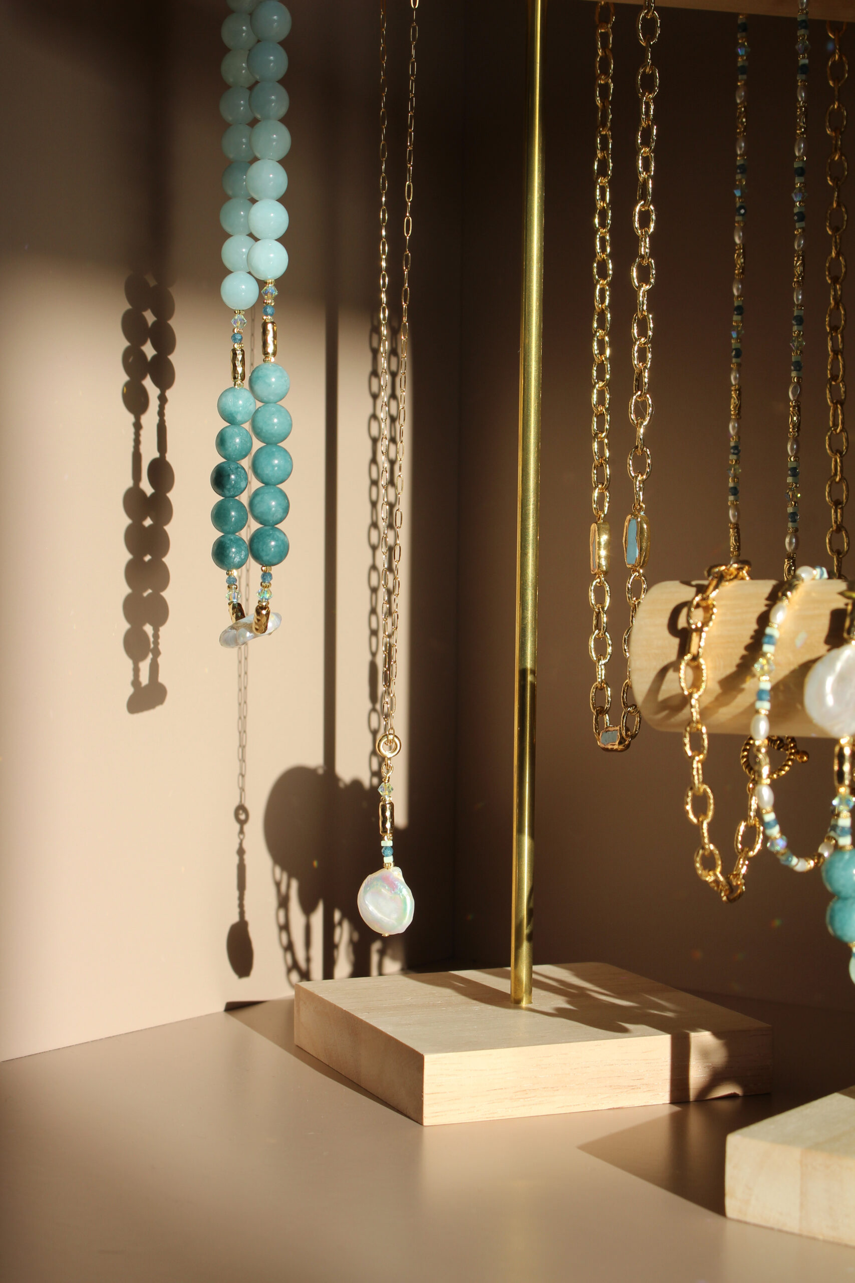 Atlantic Drift layered necklace handcrafted in Ireland with pearls and blue stones