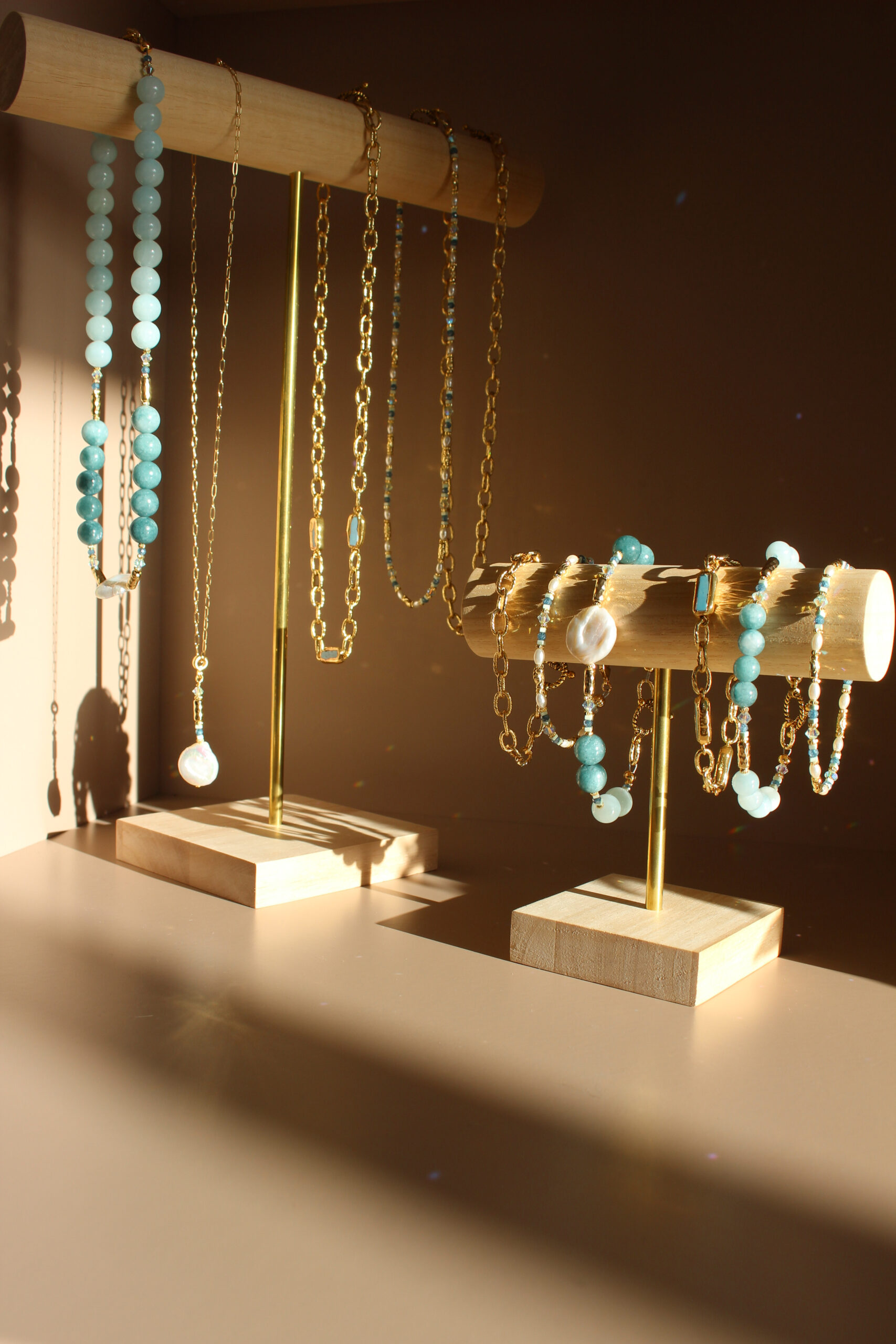 Atlantic Drift bracelet handcrafted in Ireland with pearls and blue stones