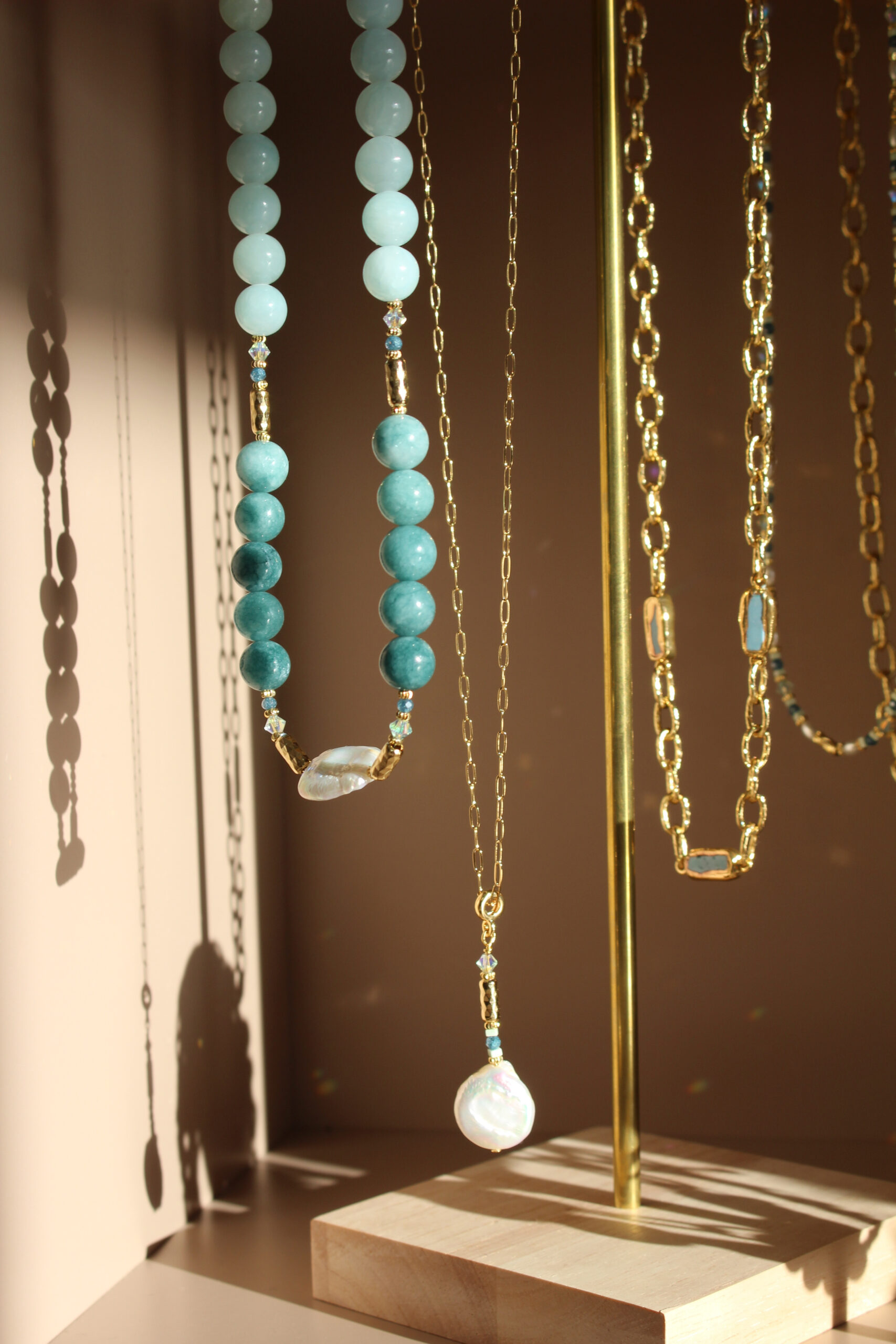 Atlantic Drift layered necklace handcrafted in Ireland with pearls and blue stones