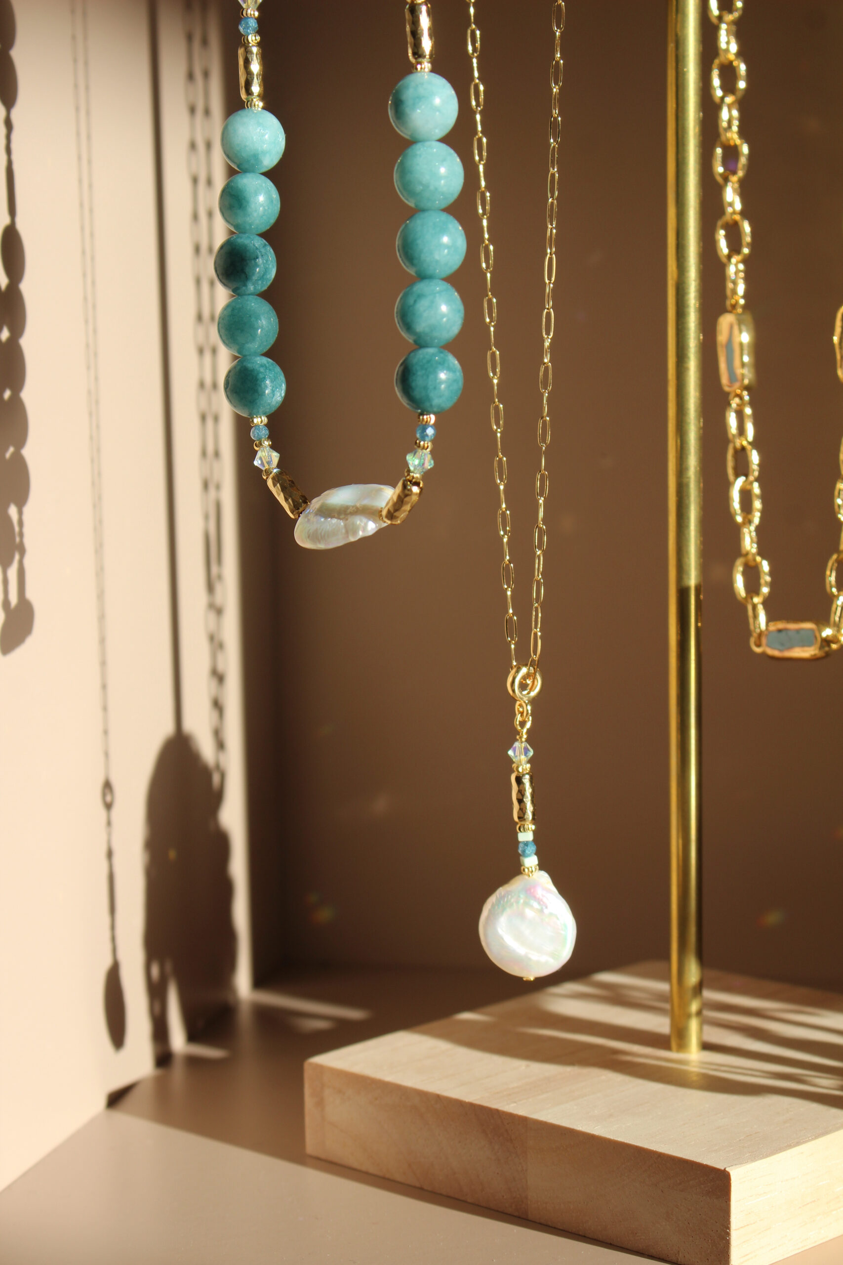 Atlantic Drift layered necklace handcrafted in Ireland with pearls and blue stones