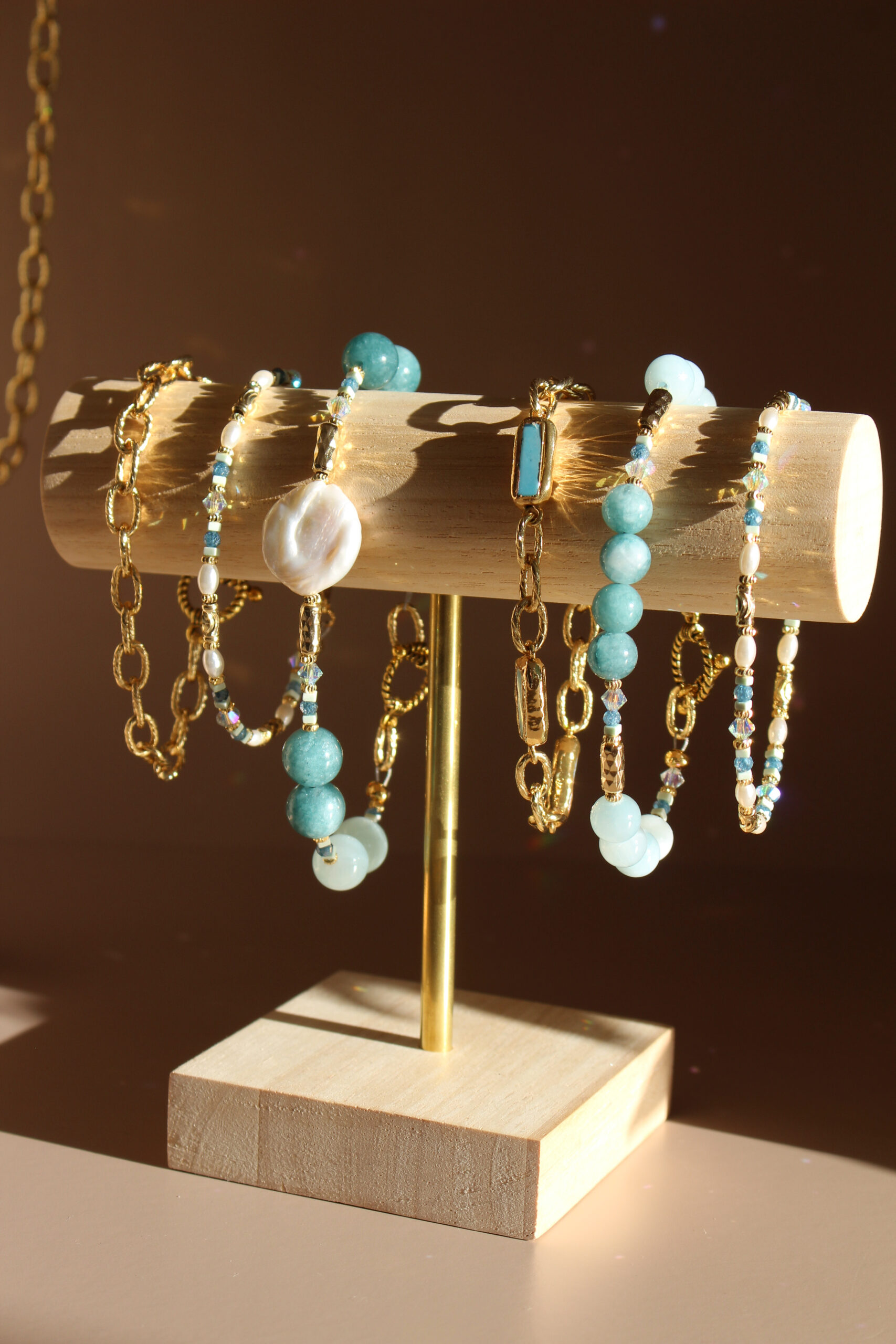 Atlantic Drift bracelet handcrafted in Ireland with pearls and blue stones