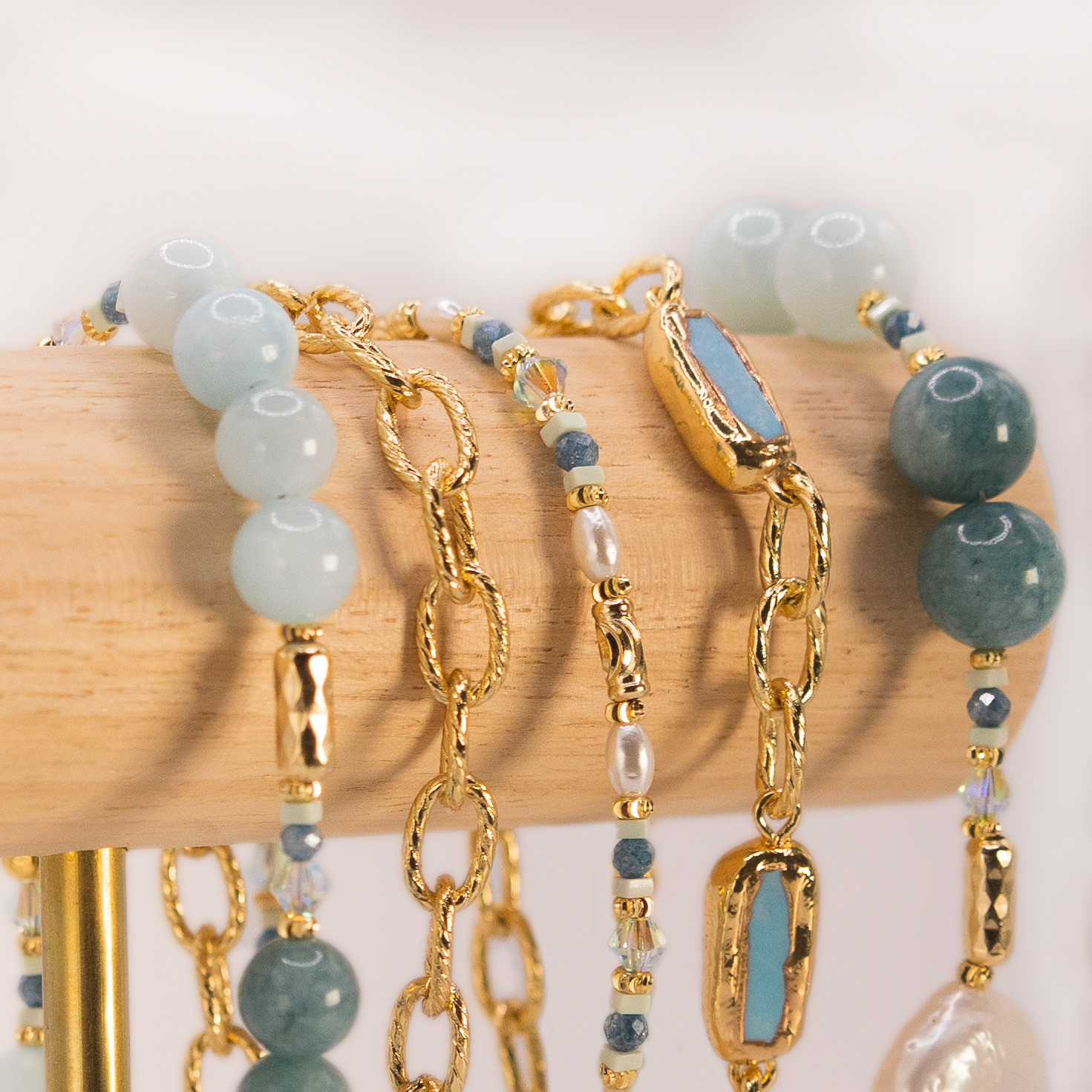 Atlantic Drift bracelet handcrafted in Ireland with pearls and blue stones