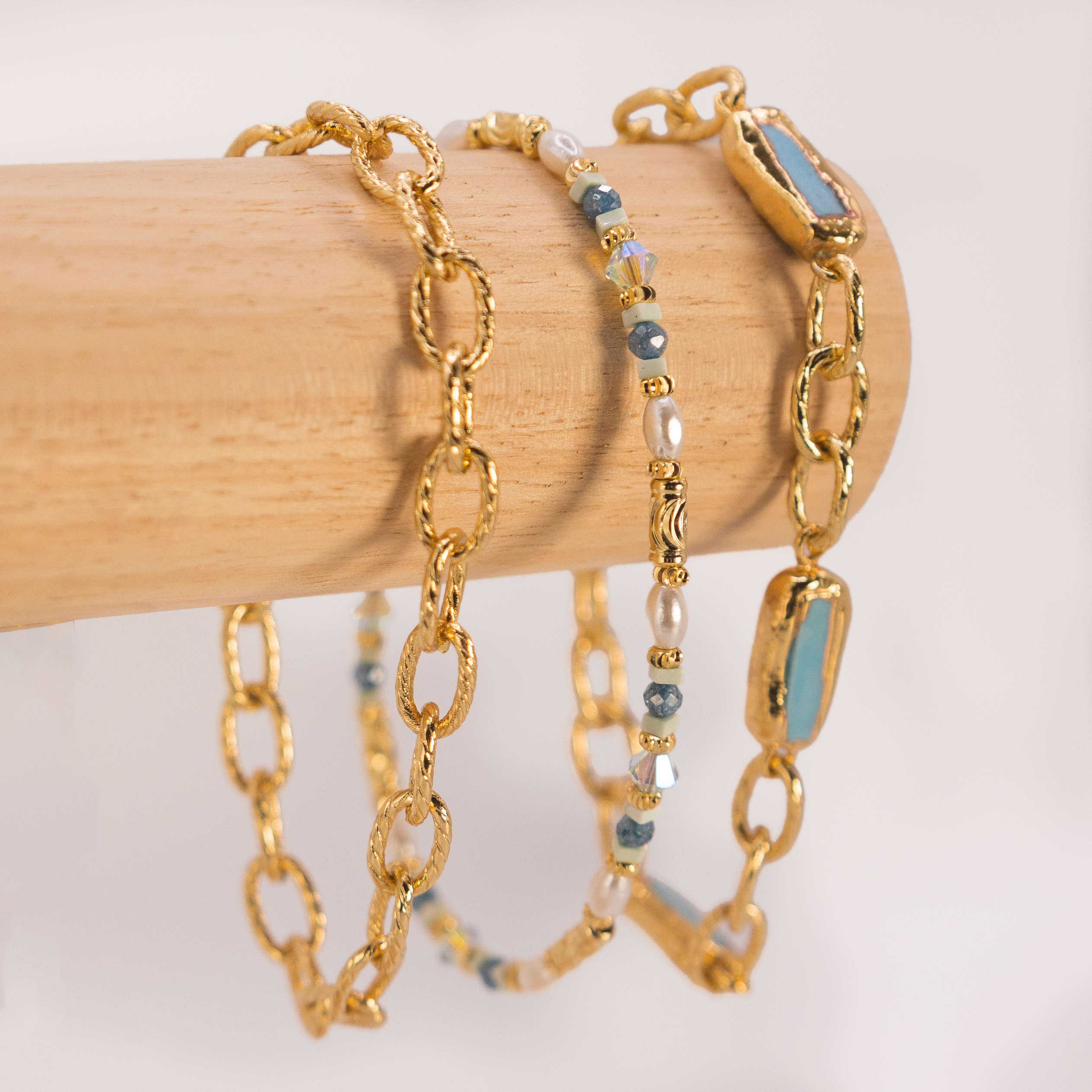 Atlantic Drift bracelets handcrafted in Ireland with pearls and blue stones