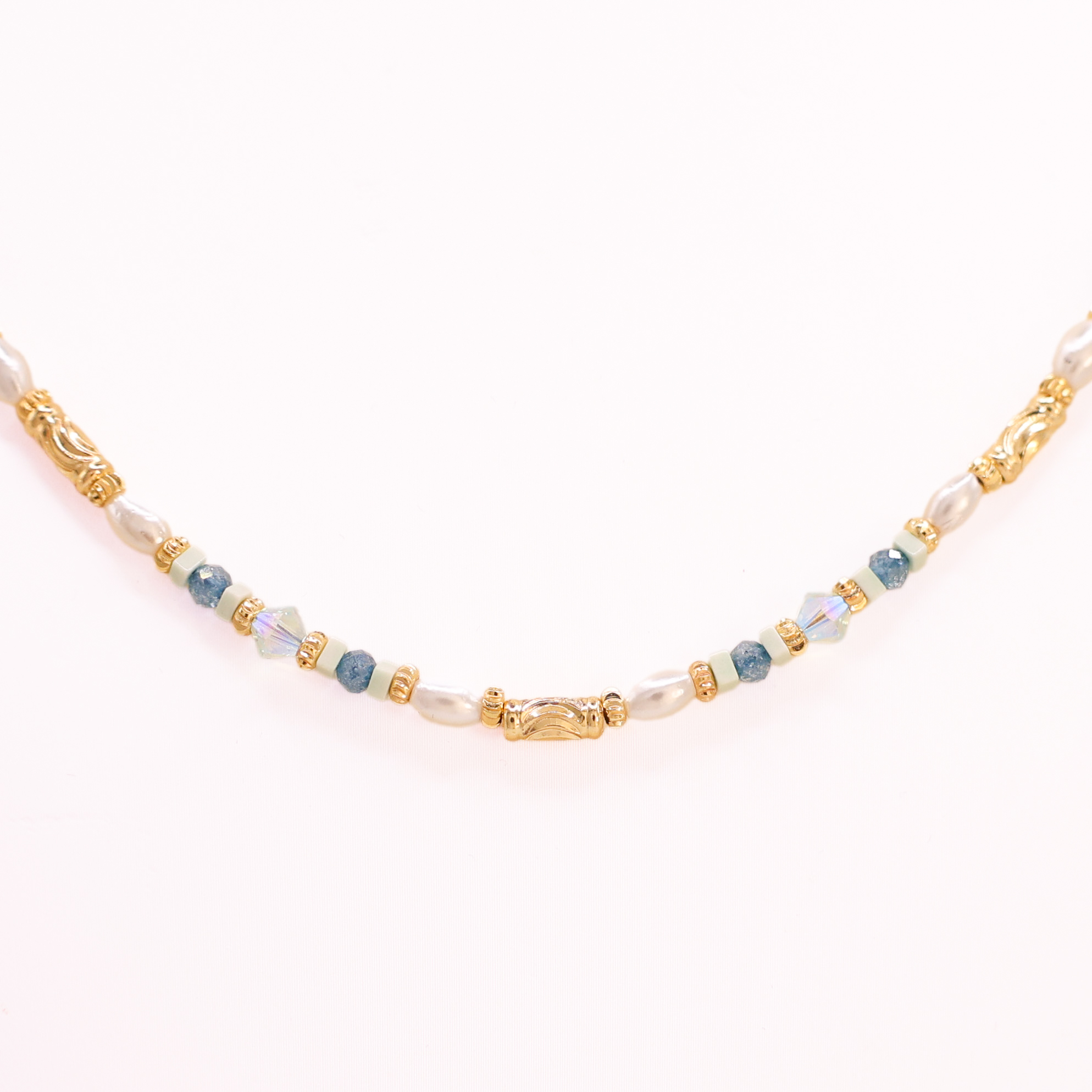 Atlantic Drift layered necklace handcrafted in Ireland with pearls and blue stones
