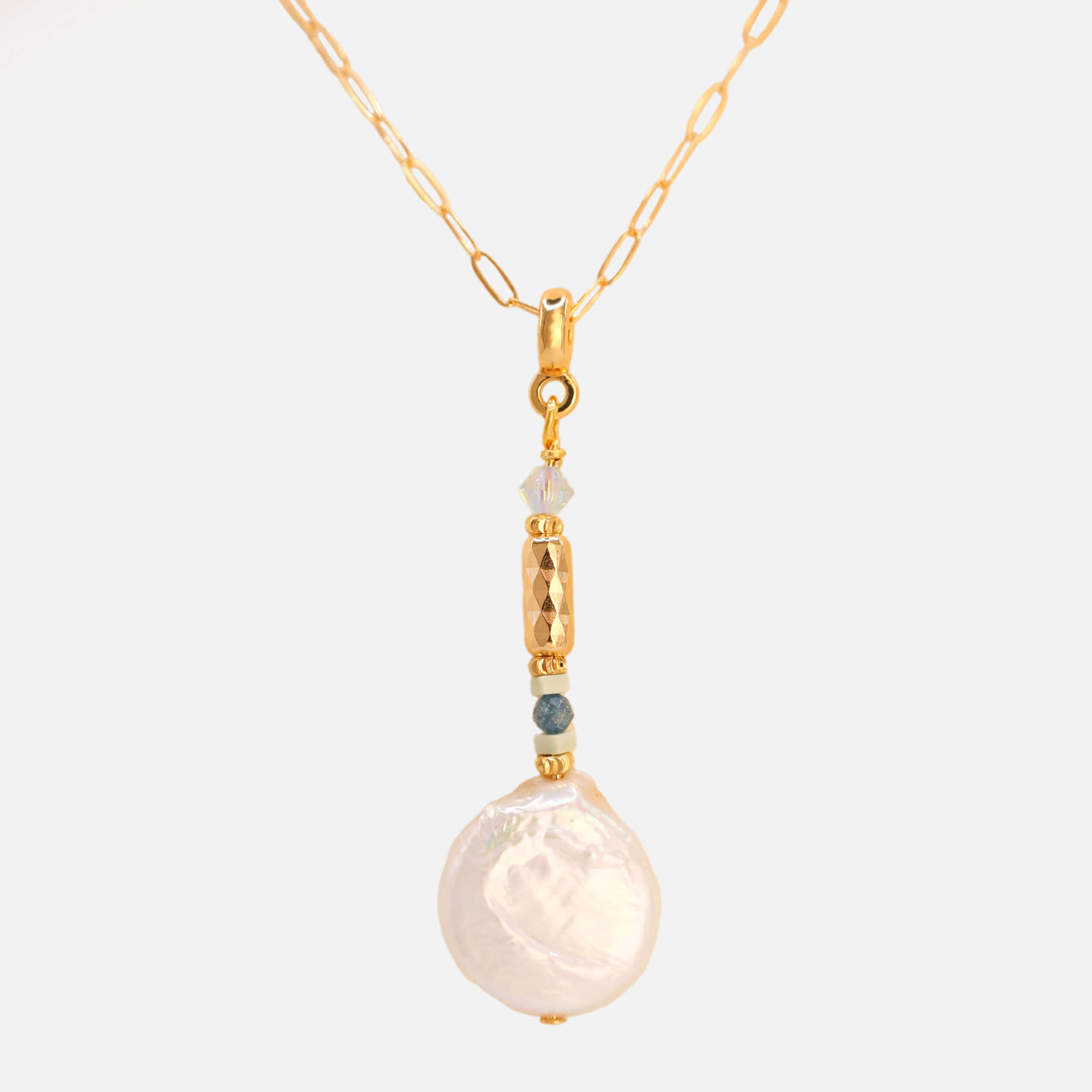 Atlantic Drift layered necklace handcrafted in Ireland with pearls and blue stones